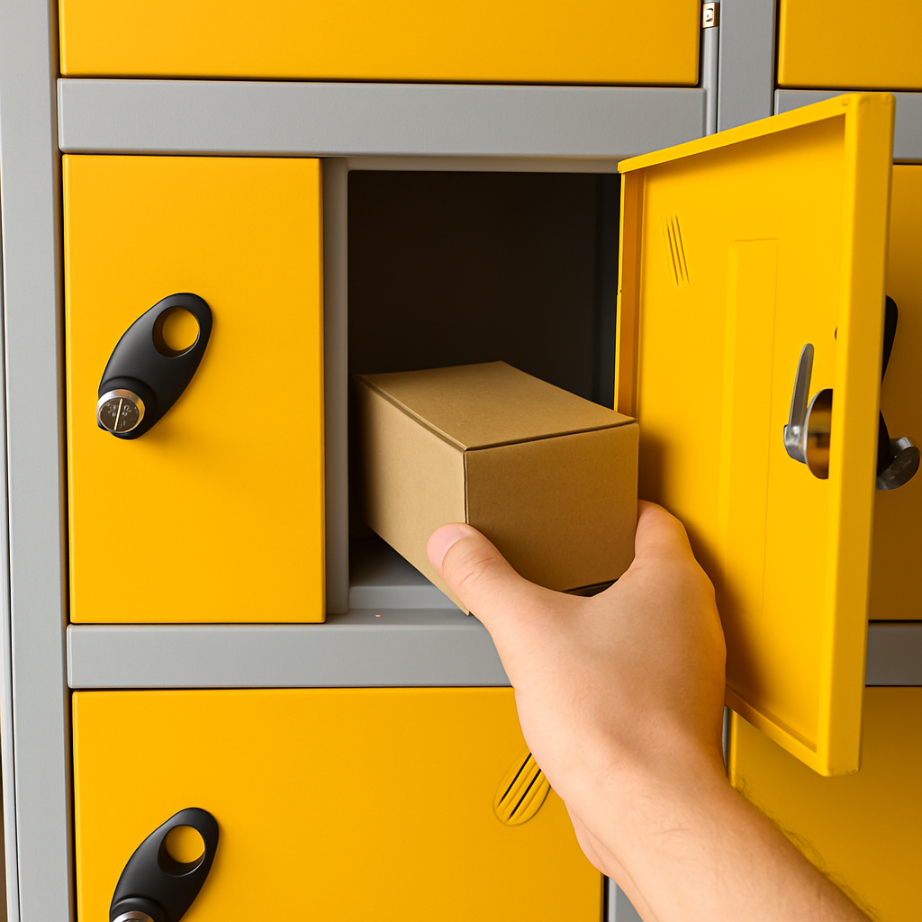Customer placing a parcel into a secure yellow locker with black locks — representing Megway Parcels Store’s safe and accessible mailbox rental service in Northampton."